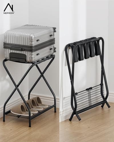NEFROM Luggage Rack with Storage Shelf, Foldable Suitcase Stand, Heavy Duty Metal Luggage Holder, 150 lbs Top Capacity, 50 lbs Bottom Shelf, for Guest Room, Bedroom, Hotel LR-BK-1 - Thumbnail 3