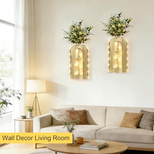 HOMECOR Hanging Wooden Vase Wall Decor - Set of 2, Brown Finish Boho & Modern Farmhouse Decor with Fairy Lights & Artificial Plants, Wall Art for Living Room, Bedroom, Bathroom Home Decor Gift Idea - Thumbnail 2
