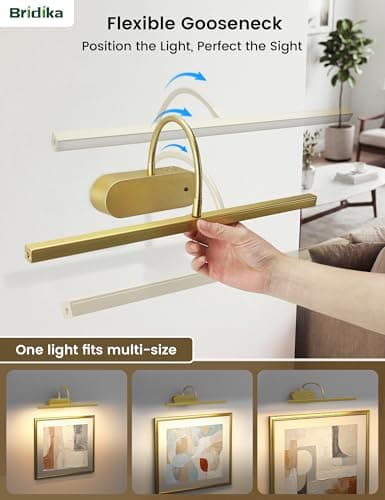 Rechargeable Picture Lights for Wall, Battery Operated Wall Light with Flexible Gooseneck, Wireless Art Lighting for Paintings & Portraits, Remote Control, 3 Colors Dimmable, Timer (Gold, 1 Pack) - Thumbnail 2