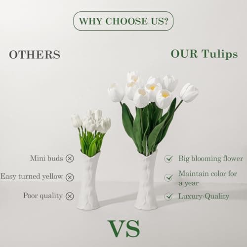 LILUYTO White Fake Tulips,18.5" PU Artificial Tulips Flowers for Spring Easter Home Kitchen Wedding Bouquet Bulk Mother's Gift Day Decorations - Thumbnail 3