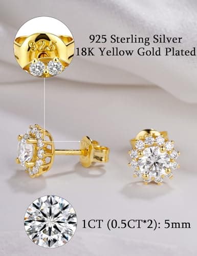 IMOLOVE Moissanite Stud Earrings in Sterling Silver With Yellow Gold Plated Trendy Flower Shaped Halo Earrings for Women - Thumbnail 2