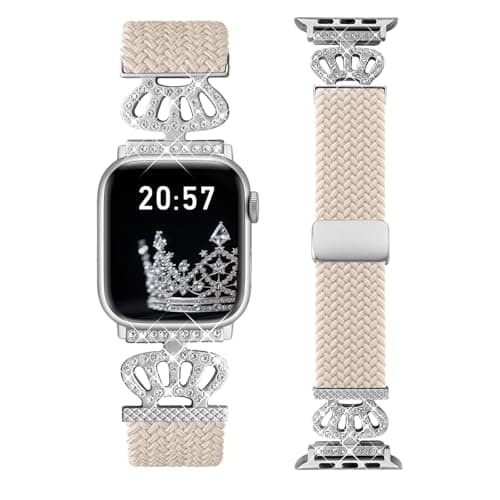Chinber Braided Band Compatible with Apple Watch Bands 40mm 38mm 41mm 42mm 44mm 45mm 46mm 49mm,Magnetic Soft Nylon Stretchy Strap with Designer Bling Crown Strap for Series 10/9/8/7/6/5/4/3/2/SE/Ultra - Image 1