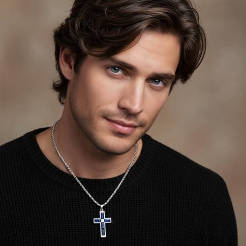 BAMIKI Cross Necklace for Men, Created Sapphire Blue Cubic Zirconia Pendant with 316L Stainless Steel, September Birthstone Necklace Faith Jewelry Gifts, Box Chain 24 Inch - Thumbnail 3