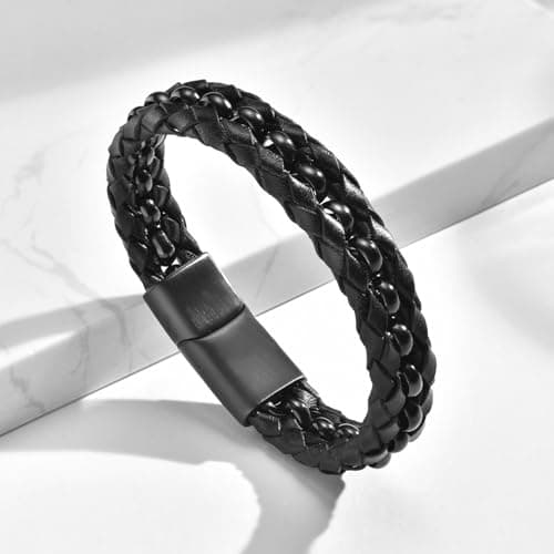 FLHEART Bracelet Gifts for Men Black Braided Leather Stainless Steel Cuff Bracelets,Gift for Men Dad Husband Boyfriend Son Grandson Brother Nephew Uncle 7.5|8.5|9 Inches - Thumbnail 4