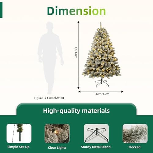 Aovotreena 6ft Pre-Lit Snow Flocked Christmas Tree with 300 Warm White Lights, 840 Full PVC Branch Tips, Hinged Quick-Assembly Design, Lush Artificial Xmas Tree for Winter Holiday Décor - Thumbnail 2