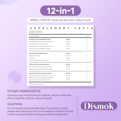 Dismok Cortisol Supplements for Women, Adrenal Support, 12-in-1 Ashwagandha Supplements, Supports Abdominal Detox, Reduces Stress & Anxiety, Promotes Calm & Restful Sleep, Third-Party Lab Tested - Thumbnail 3