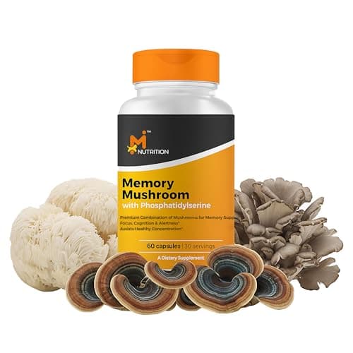 M NUTRITION Memory Mushroom + with Phosphatidylserine, Lions Mane, Turkey Tail, B Vitamins & Black Pepper – Brain & Focus Support Supplement – 60 Capsules, Non-GMO, Gluten-Free, Made in USA - Image 1