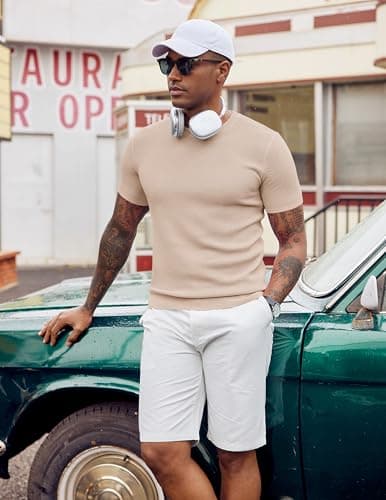 COOFANDY Mens Knit T Shirts Crewneck Dress Shirts Short Sleeve Under T Shirt Summer Resort Wear Khaki - Thumbnail 6