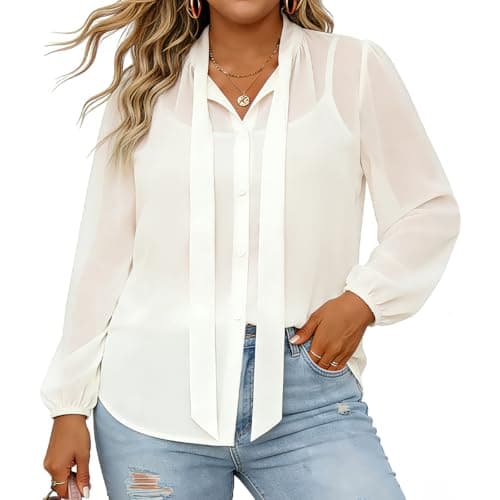 Womens Plus Button Down Shirts Chiffon Long Sleeve Tops for Women Bow Tie Neck Blouse Elegant Business Casual Outfits White - Image 1