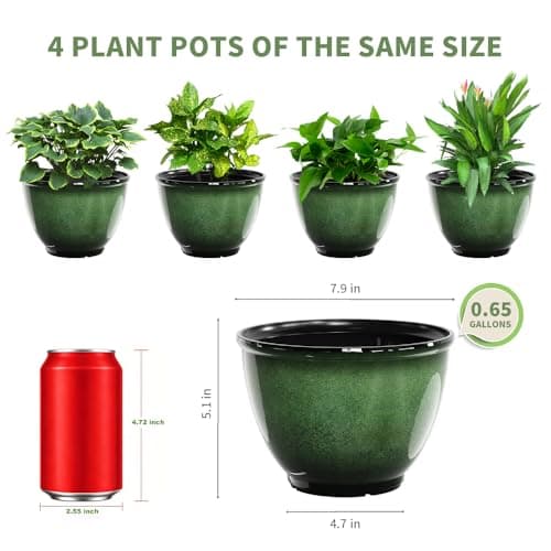 Vanslogreen 8 Inch Plastic Plant Pots, Set of 4 Flower Pots Planters with Drainage Hole, Glossy Smooth Finish Planter for Indoor Outdoor Succulent Snake Plants (Green) - Thumbnail 2