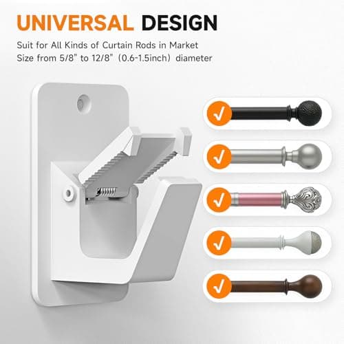 Universal Curtain Rod Holders, No Drill Curtain Rod Brackets, Self Adhesive Curtain Rod Brackets Up to 30 LB, Nail Free Curtain Rod Hooks for Bathroom, Bedroom, Livingroom, Kitchen (4PC, White) - Thumbnail 2