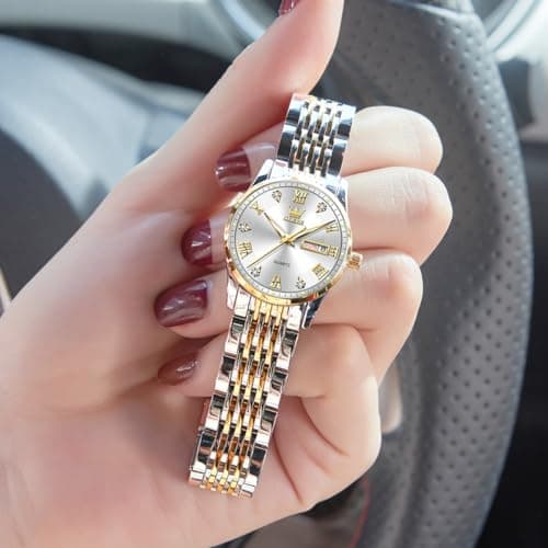 OLEVS Womens Watches Silver Gold Ladies Watches for Women Fashion Small Wrist Two Tone Female Watch with Date Elegant Stainless Steel Waterproof Diamond Dress Analog Quartz Bracelet Reloj para Mujer - Thumbnail 4