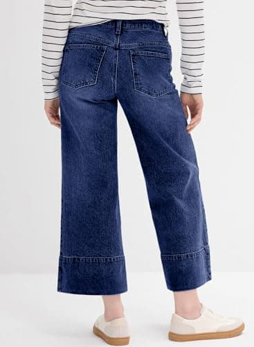 Astylish Women's Stretchy Breathable Flared Wide Leg High Waisted Jeans Tummy Control Trendy Casual Baggy Cropped Ankle Denim Pants Plus Size Spring Clothes Navy Blue Size 16 - Thumbnail 3