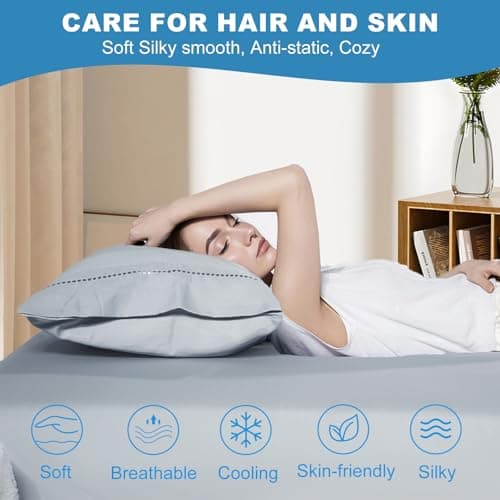 LOVSTOY Cooling Pillow Cases Set of 2,Standard Size Cool Pillowcases for Hair Skin and Hot Sleepers, Soft Silky Summer Pillow Cover with Envelope Closure, Grey, 20"x26" - Thumbnail 5