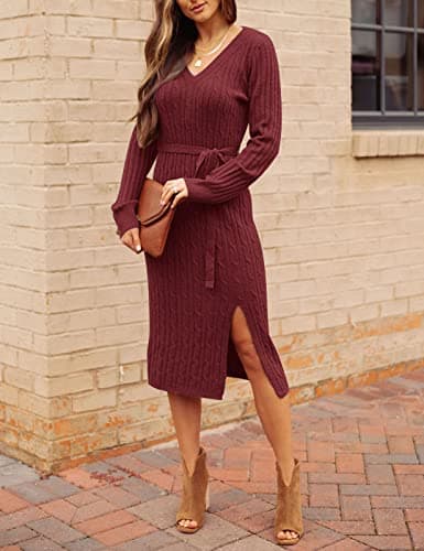 MEROKEETY Women's 2025 Fall Long Sleeve Bodycon Sweater Dress Winter V Neck Cable Knit Slit Midi Dresses, Burgundy, XL - Thumbnail 2