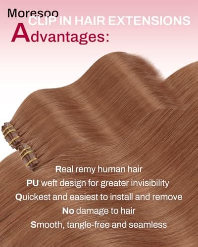 Moresoo Seamless Clip in Hair Extensions Light Copper Clip in Hair Extensions Real Human Hair Natural Luster Human Hair Clips in Extensions Remy Hair for Thin Hair 20inch 120g 7pcs - Thumbnail 2