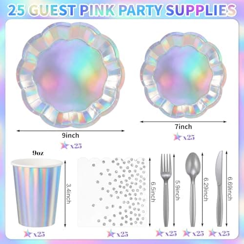 175 Pcs Iridescent Plates and Napkins Set, 25 Guest Iridescent Party Supplies Include Scalloped Plate Napkin Cup Forks Knives Disposable Plastic Cutlery for Birthda Bridal Wedding Disco - Thumbnail 2