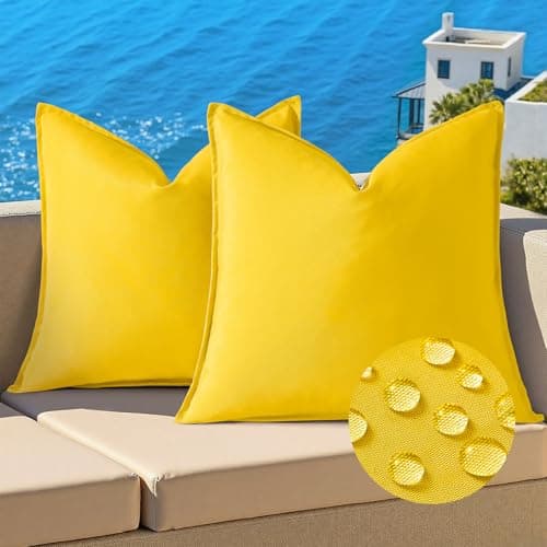 decorUhome Outdoor Waterproof Faux Linen Throw Pillow Covers 18x18 Inch Set of 2 Decorative Vibrant Farmhouse Pillow Cases with Flange Edges for Summer Couch Garden Patio Balcony Porch, Yellow - Image 1