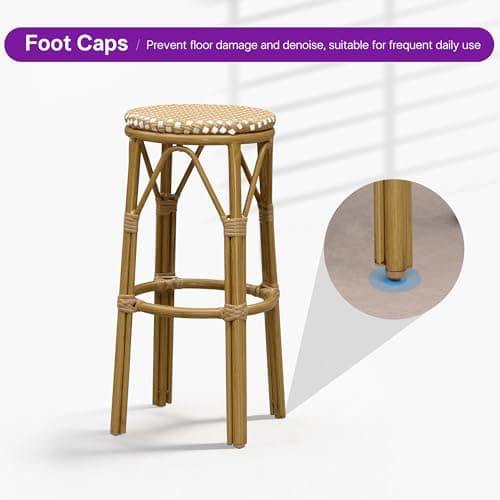 PURPLE LEAF Outdoor Round Bar Height Stool Set of 2 Patio Backless Barstools Aluminum Frame in Bamboo Finish with Amber & White Woven Rattan for Indoor Kitchen Dining Bistros Cafe Restaurant - Thumbnail 5