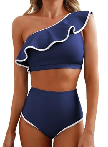 Herseas Women's One Shoulder Ruffled Bikini Sets Trendy Athletic Swimsuits Tummy Control Full Coverage Ladies Slimming Bathing Suits Navy Blue Cruise Essentials Resort Wear Medium - Image 1