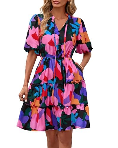 BTFBM Women Summer Floral Short Dresses V Neck Short Sleeve Tiered Ruffle Boho Swing Dress A-Line Mini Dresses(Floral Black,Large) - Image 1