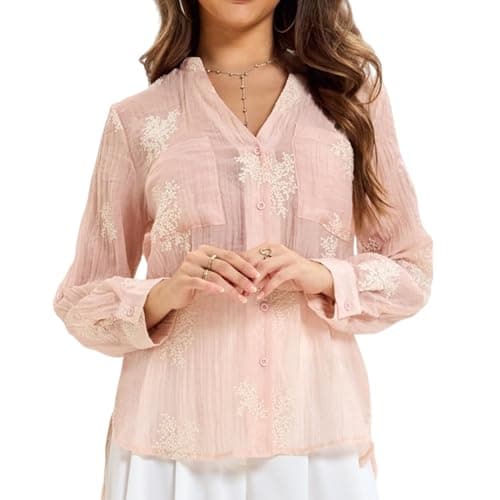 Women's Long Sleeve Sheer Floral Embroidered See Through Button Down Blouse Lightweight Boho V Neck ShirtsLarge YG010 Pink L - Thumbnail 3