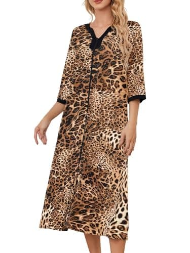 PITINAN Womens House Dress For Elderly Mumu Dresses Women Front Zipper Dresses Grandma Nightgown Lounge Dress Brown Leopard L - Image 1