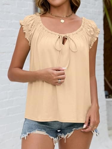 Beloyoni Womens Babydoll Tops Summer Tie Front Cap Sleeve Tank Top Dressy Casual Loose Fit Peplum Blouses Cute Flowy Shirts Beige XS - Thumbnail 4
