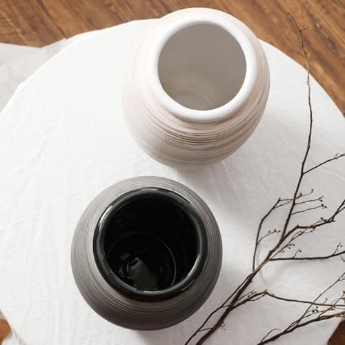 ALMA 12'' Tall Wide Mouth Flower Vase, Black Large Ceramic Vase for Table Centerpieces, Grey Boho Vase for Living Room, Farmhouse, Entryway, Mantel, Bookshelf, Home Decor - Thumbnail 6