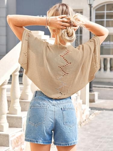 BB&KK Women Summer Crochet Shrug Sweaters Hollow-Out Batwing Short Sleeve Knit Tops Lightweight Bolero Cardigans Khaki M - Thumbnail 2