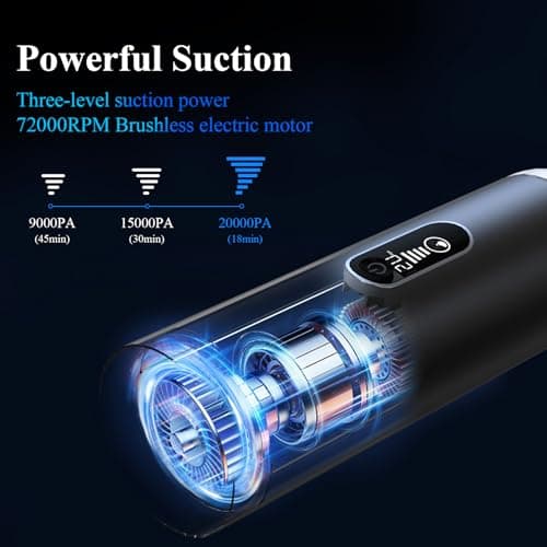 Minthouz Car Vacuum Portable Cordless - 20000PA High Power Handheld Vacuum with LED Display, 2.5H Fast Charging Up to 45 Mins of Runtime, Hand Vac Cordless Rechargeable for Car Home Corner Cabinet - Thumbnail 2