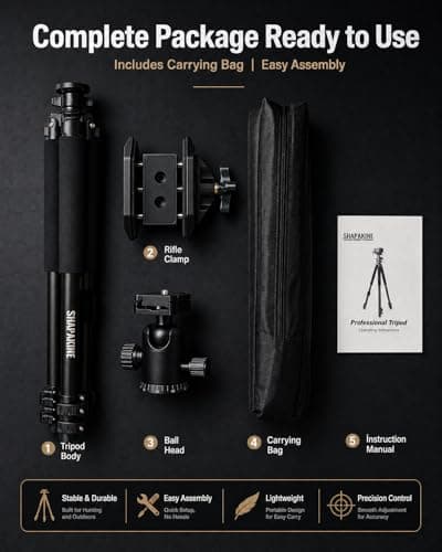 Shapakine 61” Aluminum Shooting Tripod with 360° Ball Head & Weight Hook – Arca-Swiss Rifle Saddle Clamp for Hunting, Heavy Duty Gun Rest w/Compass & Bubble Level (Prone to Standing) - Thumbnail 6