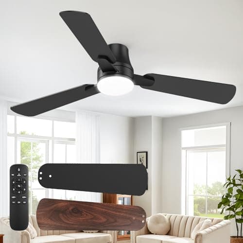 Ceiling Fans with Lights and Remote – 52 Inch Low Profile Flush Mount Ceiling Fan, Modern Black Design, Quiet Reversible DC Motor, 3CCT Dimmable LED Light for Bedroom Living Room Kitchen Indoor - Image 1