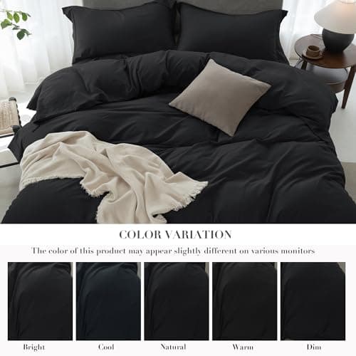 ELIMMO Cooling California King Duvet Cover Set 3 Pieces-100% Washed Cotton with Chic Wide Trim Design Linen Like Textured Ultra Soft Cozy Bedding-Zipper Closure(Hemmed Solid Black,Cal King 104"x98") - Thumbnail 5