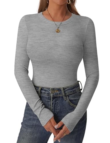 C.O.Z.Y Womens Long Sleeve Shirts Ribbed Crewneck Slim Fit Tops Casual Layering Basic Tee T-Shirt Trendy Outfits Gray - Image 1