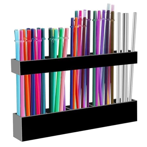 Malldii 9.5" Large Acrylic Straw Holder for Cabinet Door - Reusable Tumbler Straw Organizer Storage, Small Kitchen Accessories Container, Ultra Sticky Cupboard Door Mounted (Black)