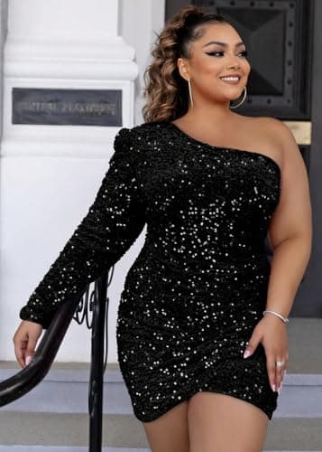 Joyfunear Women's Velvet Sequin One Shoulder Ruched Long Sleeve Wrap Bodycon Party Cocktail Oufit Mini Dress Black X-Large - Thumbnail 3