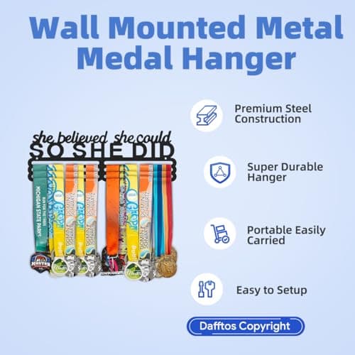 Dafftos She Believed She Could So She Did Medal Hanger Ribbon Holder Display Wall Mounted Steel Rack Organizer Frame Awards Cheer Gymnastics Soccer Softball Runner Sports Easy to Install - Thumbnail 3