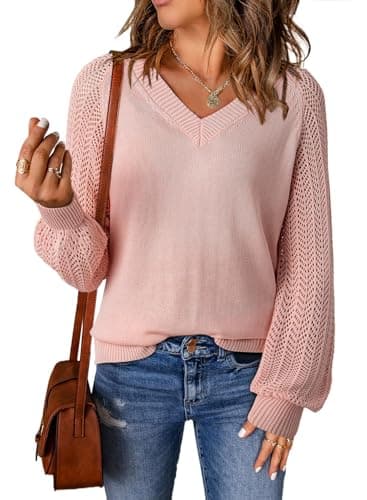 Dokotoo Ladies Womens Sweaters Spring 2026 Fashion Casual V-Neck Long Sleeve Winter Knit Soft Cozy Pullover Sweater for Women Jumper Tunic Tops Pink Small - Image 1