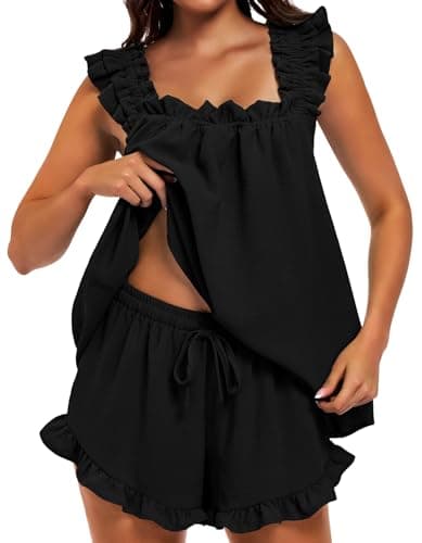 SIMIYA 2 Piece Ruffle Pj Bridal Pajamas Soft Tank Top Lounge Pajama for Women Set Black - Image 1