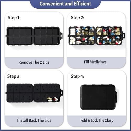 Foldable & Portable Pill Organizer 2 Times A Day with Extra Compartments - Etched Labels - Weekly 7 Day AM PM Medicine Box, Week Daily Travel Pill Case Holder Dispenser for Vitamin, Supplement - Black - Thumbnail 5