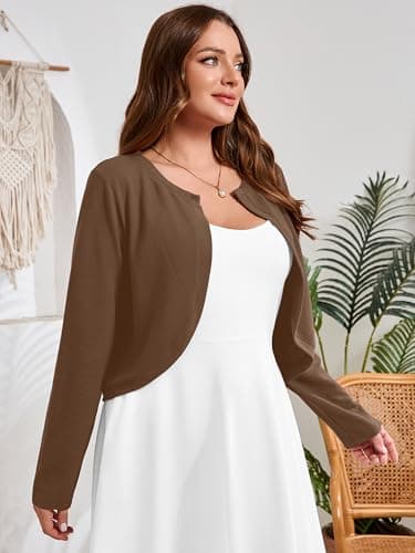 AusLook Plus Size Women Shrugs Long Sleeve Coffee 1X Open Front Cardigan Knit Lightweight Coat Cropped Bolero Tops Shawls and Wraps Dressy Sweater - Thumbnail 4