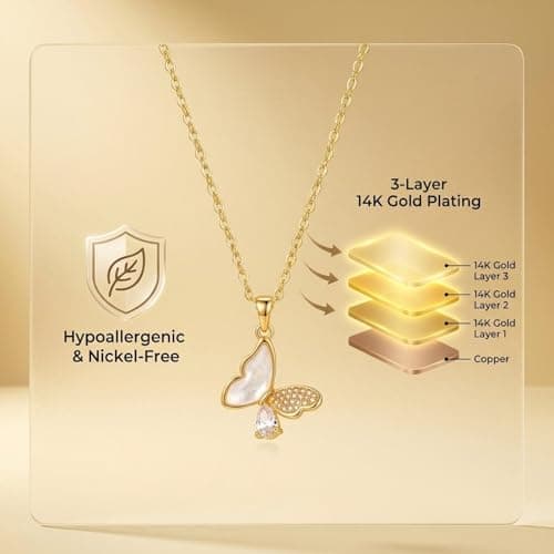 14K Gold Plated Dainty Pendant Butterfly Necklace,Dazzling 3 Layer Gold Plated Butterfly Pendant Necklace for Women, Shiny Chain with Mother of Pearl Cubic Zirconia Golden Butterfly Necklace - Thumbnail 6
