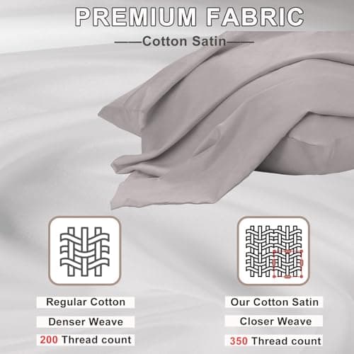 Lirex Queen Pillow Cases Set of 2, 100% Cotton Sateen, Breathable, Cooling, Soft for Quality Sleep, Pillow Covers with Envelope Closure, 20" x 30", Grey - Thumbnail 2