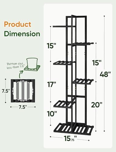 ROSSNY 48 Inch Tall Plant Stand Indoor, 6 Tier 7 Potted Bamboo Plant Stands for Indoor Plants, Corner Plant Stand, Tiered Plant Stands, Plant Shelf For Indoor, Planter Holder for Multiple Plants Indoor, Black - Thumbnail 4