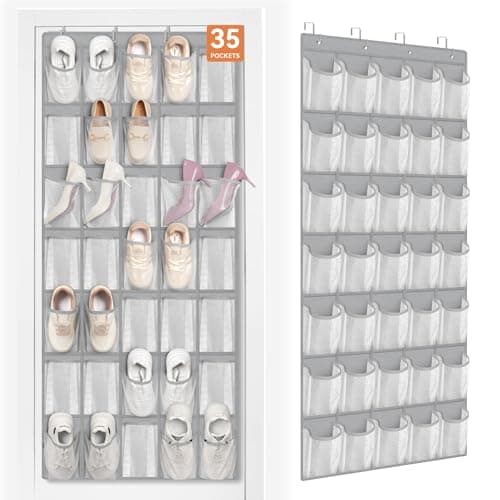 FENTEC 35 Large Pockets Over The Door Shoe Organizer, Mesh Hanging Shoe Organizer Shoe Rack for Closet Mesh Closet Shoe Holder, Over Door Organizer, Shoe Organizer for Wall, Grey, 1 Pack