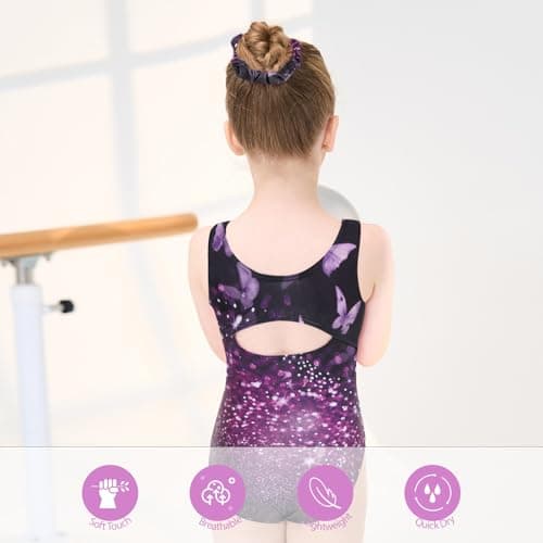JiAmy Gymnastics Leotards for Girls, Sleeveless Sparkly Dance Biketards with Shorts Ballet Tumbling Outfit Sparkly Black Purple Butterfly 9-10 Years - Thumbnail 4