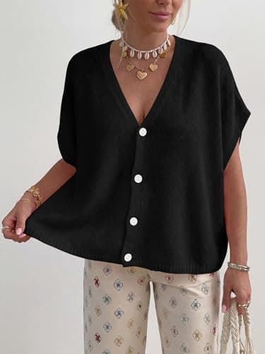 PRETTYGARDEN Button Up Lightweight Short Sleeve Cardigans for Women Trendy 2026 Casual Knit Open Front Maternity Clothes (Black, XX-Large) - Thumbnail 5