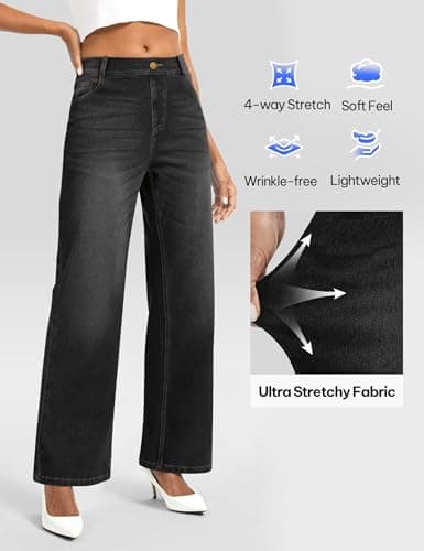 AVAMO Wide Leg Jeans Woman Stretchy Pull on Sweatpant Jeans for Women Elastic High Waisted Straight Leg Baggy Denim Pants Dark Grey - Thumbnail 4