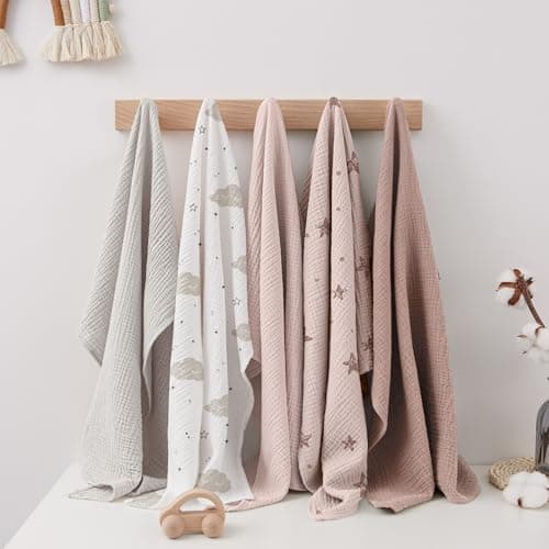 Susurration Muslin Burp Cloths Baby Washcloths 100% Cotton Burp Cloths Baby Girl 5 Pack, Absorbent and Soft Cloth Diapers 23.6 * 23.6 inch, Baby Girl Newborn Essentials-Pink Star - Thumbnail 6